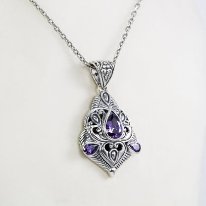 amethyst zirconia pendant necklace 925 sterling silver decorated with filigree ornament