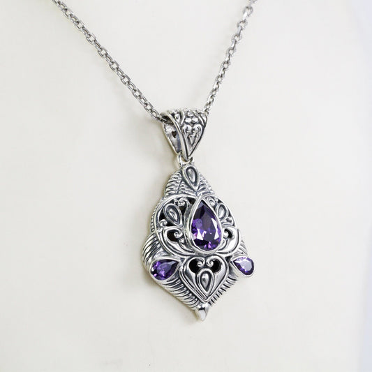 amethyst zirconia pendant necklace 925 sterling silver decorated with filigree ornament