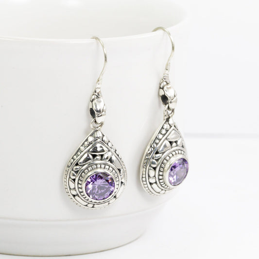 amethyst Zirconia earrings dangle 925 sterling silver with dot ornament