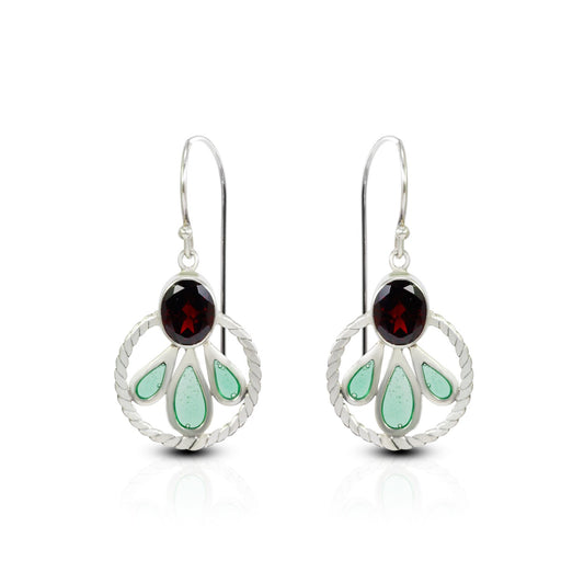 red garnet earrings dangle 925 sterling silver with Celtic handmade and green enamel