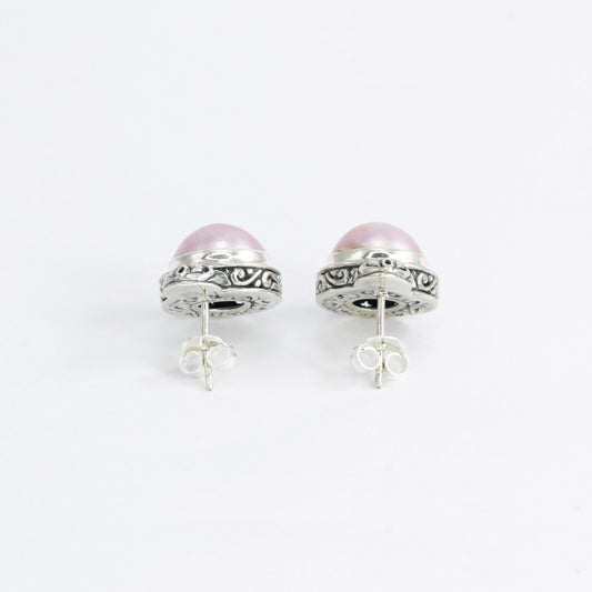 pink mabe pearl earrings stud set in 925 sterling silver decorated with filigree ornament