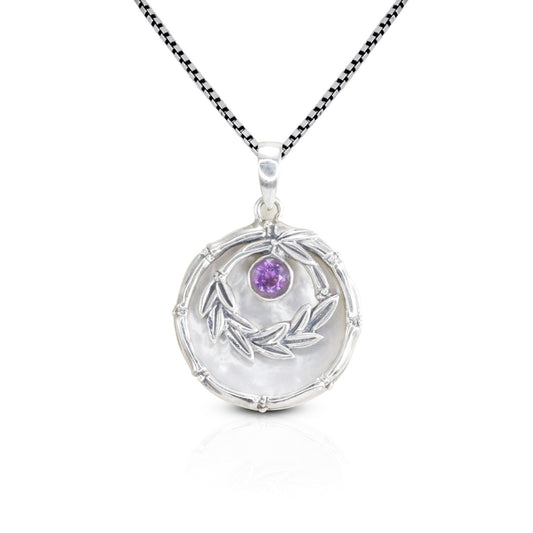 amethyst pendant with 925 sterling silver leaf frame and decorated with genuine white shell