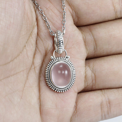 Rose Quartz Pendant set in 925 Sterling Silver Decorated with Rope Cable