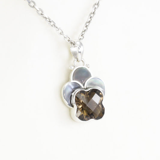 Smoky quartz pendant 925 sterling silver leaf shape with black shell