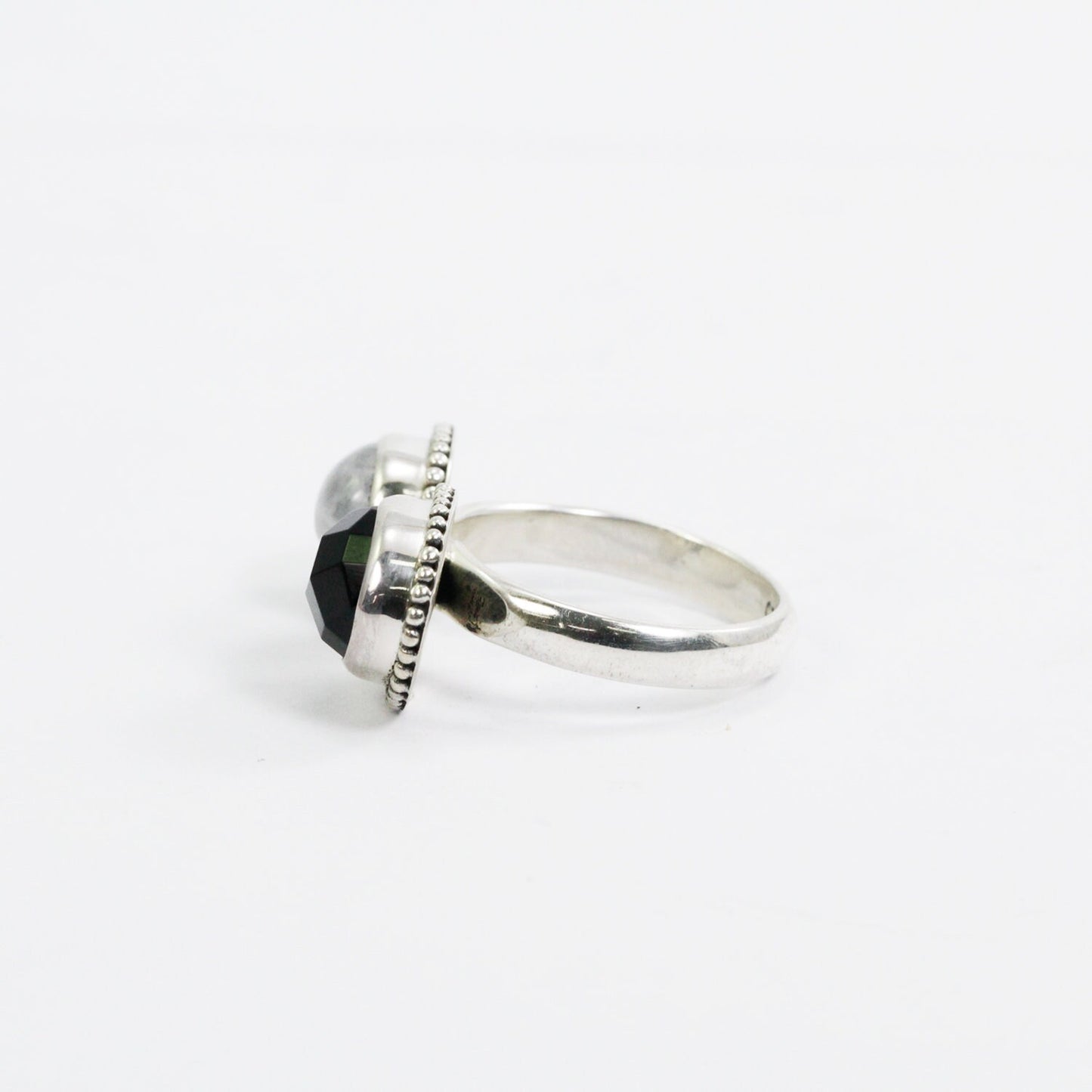 Bypass ring 925 sterling silver with genuine moonstone and black onyx decorated with dot bezel