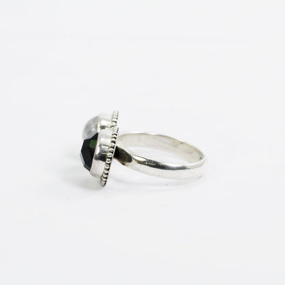 Bypass ring 925 sterling silver with genuine moonstone and black onyx decorated with dot bezel