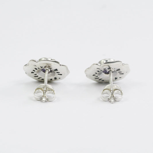 flower earrings studs with genuine round 6 mm Amethyst decorated with 925 sterling silver handmade filigree
