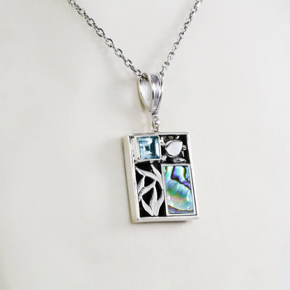 turtle and Sealife Pendant Necklace 925 sterling silver with genuine blue topaz and abalone shell
