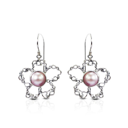 pink mabe pearl earrings 925 sterling silver 10 mm round decorated with flower shape handmade wire