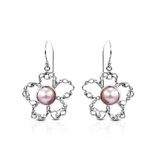 pink mabe pearl earrings 925 sterling silver 10 mm round decorated with flower shape handmade wire