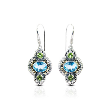blue topaz earrings dangle 925 sterling silver and 18K yellow gold with genuine green peridot