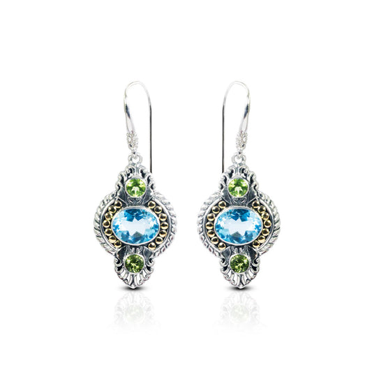 blue topaz earrings dangle 925 sterling silver and 18K yellow gold with genuine green peridot