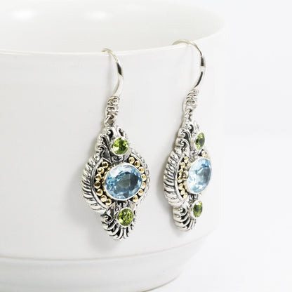 blue topaz earrings dangle 925 sterling silver and 18K yellow gold with genuine green peridot