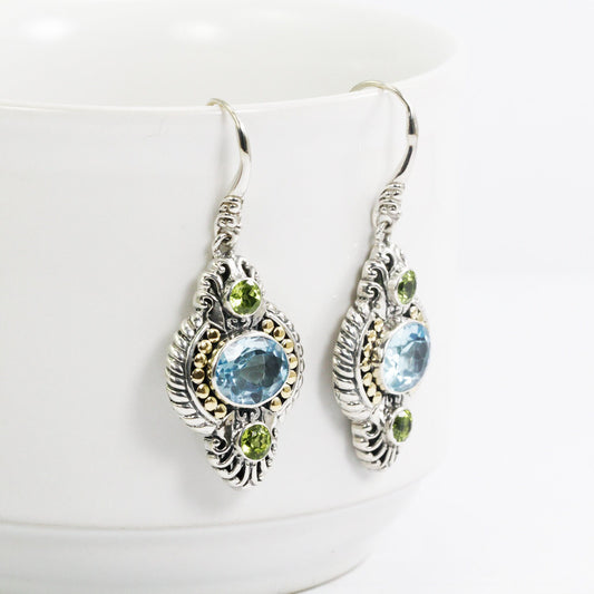 blue topaz earrings dangle 925 sterling silver and 18K yellow gold with genuine green peridot