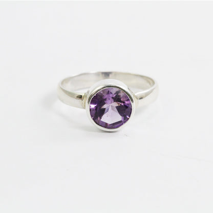 Round Amethyst solitaire ring for women 8 mm round handmade bezel set in 925 sterling silver