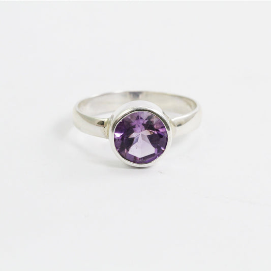 Round Amethyst solitaire ring for women 8 mm round handmade bezel set in 925 sterling silver