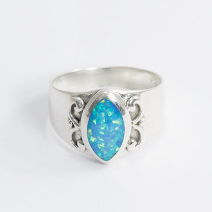 Blue opal ring 925 sterling silver with wide band and swirl filigree