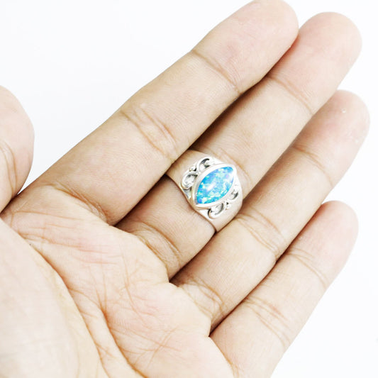 Blue opal ring 925 sterling silver with wide band and swirl filigree