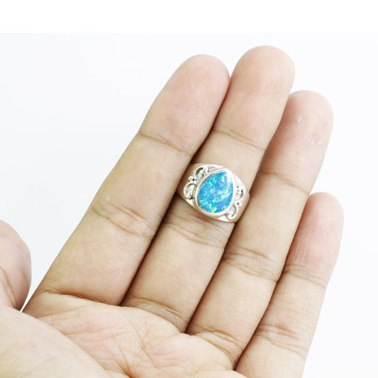 wide band ring 925 sterling silver with created opal decorated with swirl filigree