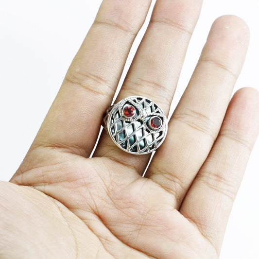 owl ring 925 sterling silver with natural garnet decorated with open work Celtic ornament