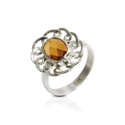 flower ring 925 sterling silver decorated with golden mystique topaz
