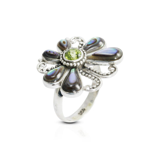 butterfly ring 925 sterling silver with natural green peridot and abalone shell