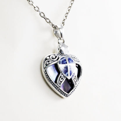 Turtle pendant 925 sterling silver decorated with swirl filigree ornament, black shell and genuine blue coral