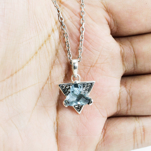 Blue topaz necklace pendant triangle shape 925 sterling silver with unique pronk setting and dot ornament