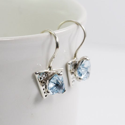 Blue Topaz Earrings triangle set in 925 sterling silver 6 mm pronk set