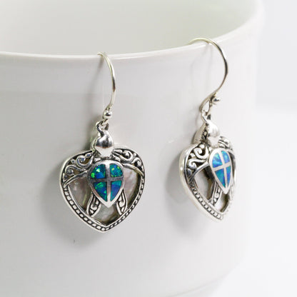 turtle earrings 925 sterling silver decorated with lab created opal, swirl filigree and white shell