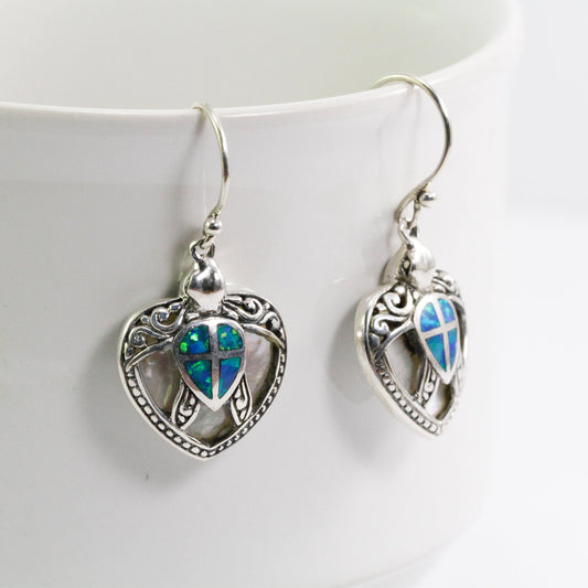 turtle earrings 925 sterling silver decorated with lab created opal, swirl filigree and white shell