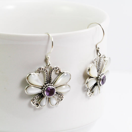 butterfly earrings 925 sterling silver with natural Brazilian amethyst and white shell