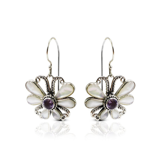 butterfly earrings 925 sterling silver with natural Brazilian amethyst and white shell