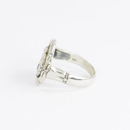 Amethyst ring 925 sterling silver with bamboo ornament and genuine white shell