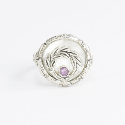 Amethyst ring 925 sterling silver with bamboo ornament and genuine white shell