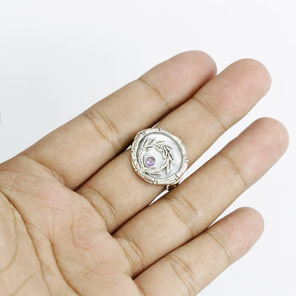 Amethyst ring 925 sterling silver with bamboo ornament and genuine white shell