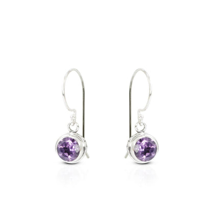 amethyst earrings round shape set in 925 sterling silver decorated with white filigree ornament bezel and back side