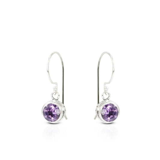 amethyst earrings round shape set in 925 sterling silver decorated with white filigree ornament bezel and back side