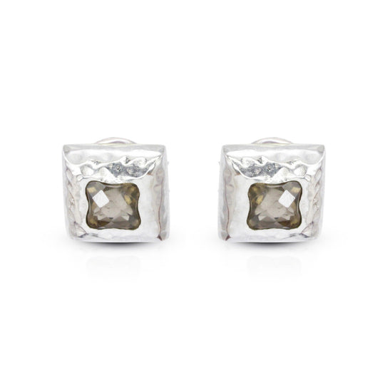 square earrings 925 sterling silver with genuine smoky quarts decorated with hummer finishing style