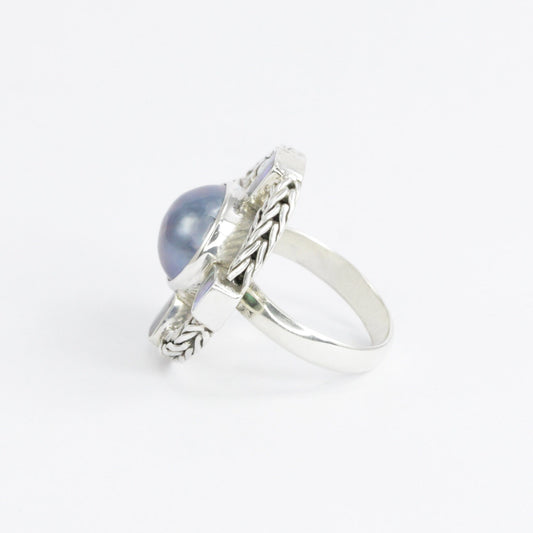 cross ring 925 sterling silver with genuine blue mabe pearl and paua shell decorated with chain frame