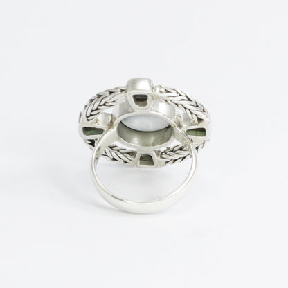 cross ring 925 sterling silver with genuine blue mabe pearl and paua shell decorated with chain frame
