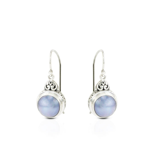 blue mabe pearl earrings 925 sterling silver decorated with filigree art