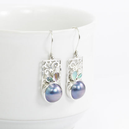 Blue mabe earring dangle drop set in handmade 925 sterling silver decorated with abalone shell