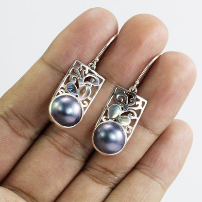 Blue mabe earring dangle drop set in handmade 925 sterling silver decorated with abalone shell