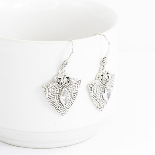 white stone earrings 925 sterling sliver decorated with delicate filigree ornament and genuine zirconia