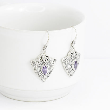 amethyst earrings  Zirconia dangle 925 sterling silver with filigree ornament byzantine style