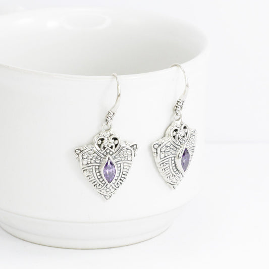 amethyst earrings  Zirconia dangle 925 sterling silver with filigree ornament byzantine style