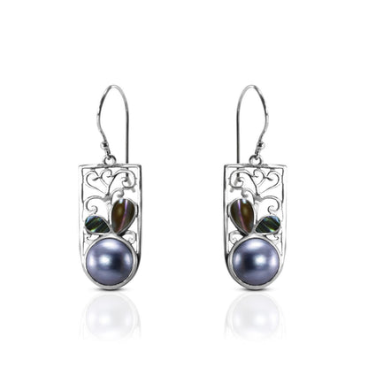 Blue mabe earring dangle drop set in handmade 925 sterling silver decorated with abalone shell