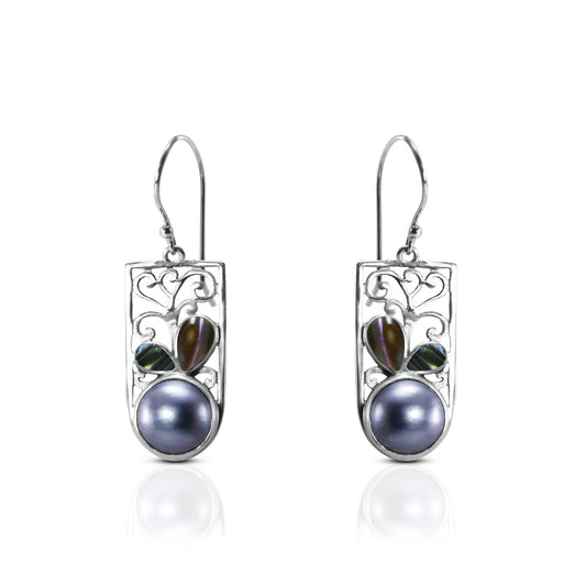 Blue mabe earring dangle drop set in handmade 925 sterling silver decorated with abalone shell