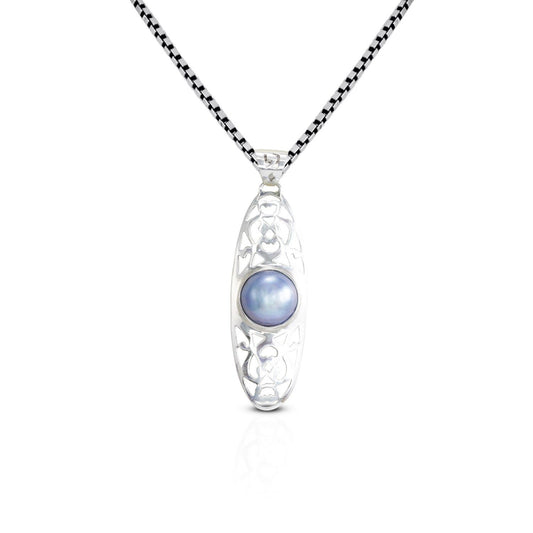 blue mabe pearl pendant necklace 925 sterling silver decorated with open work filigree ornament